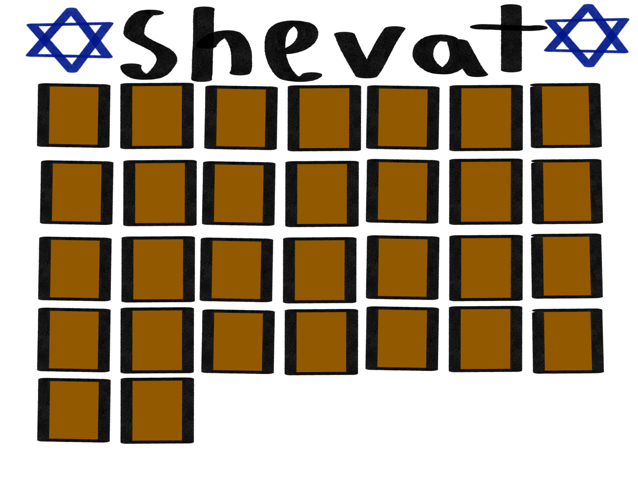 A simple drawing of a monthly calendar. It has the word Shevat written in black on the top with two blue Magen Davids flanking it. Below the word are thirty golden boxes in rows. 